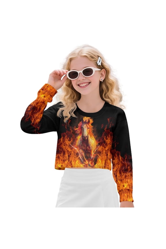 Crop Top Sweatshirt for Girls, Long Sleeve Crewneck Fall Winter Pullover, Loose Fit Casual Top Outfits for Age 9-10 Years Old Kids, Flame Horse Black