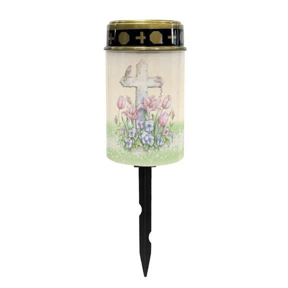 COEQINE Cross Flameless Candle Solar Powered Grave Outdoor Solar Lights Cemetery Candle Lights Fake LED Pillar Candles Outdoor Waterproof Decorative, Tulip Flower Bird Cross