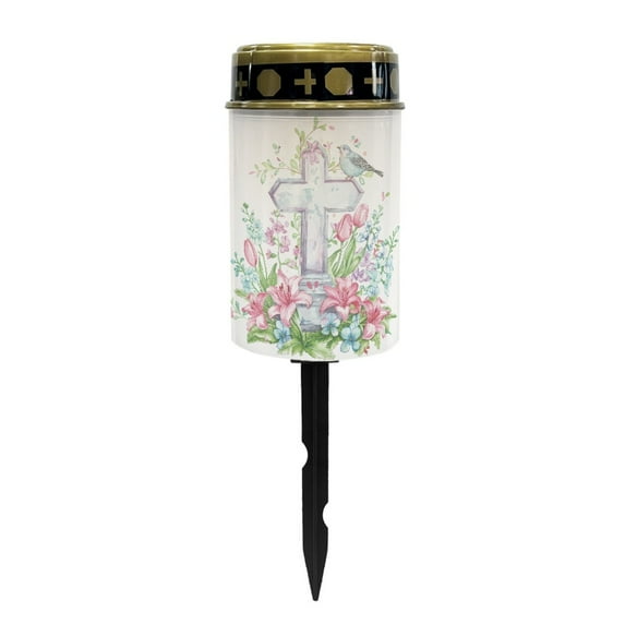 COEQINE Cross Solar Lights for Cemetery Gravesite LED Flameless Pillar Candles Solar Powered Grave Candles Waterproof Outdoor Garden Lights Grave Markers, Bird Pink Lily Flower Cross