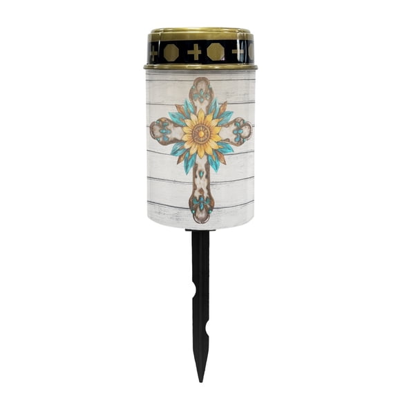 COEQINE Cross Solar Lights for Cemetery Gravesite LED Flameless Pillar Candles Solar Powered Grave Candles Waterproof Outdoor Garden Lights Grave Markers, Sunflower Gothic Cross Wood Grain