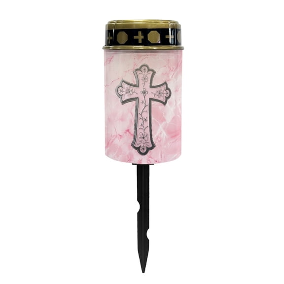 COEQINE Cross Solar Lights Outdoor Garden Solar Cemetery Decor Flameless LED Candles Solar Powered Grave Candles Waterproof Garden Stake Lights for Loss of Dad, Gothic Flower Cross Pink Marble