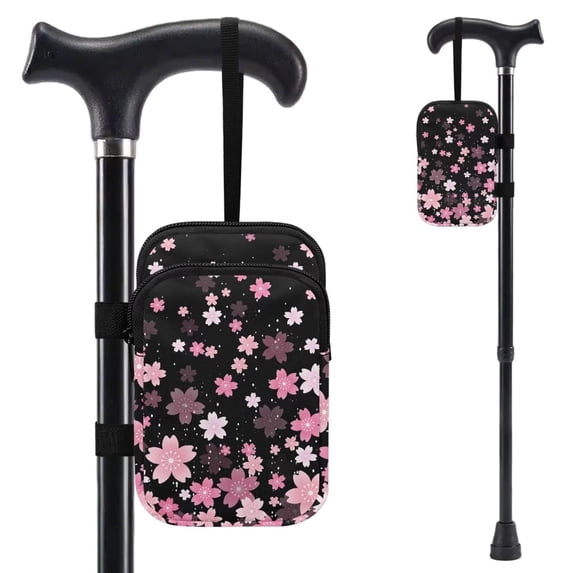 COEQINE Crutch Bag with Straps for Elbow Crutch Cherry Blossom Pink Black Forearm Crutch Pouch, Broken Leg Crutch Bag, Daily Essentials Organizer, Hands-Free, Lightweight