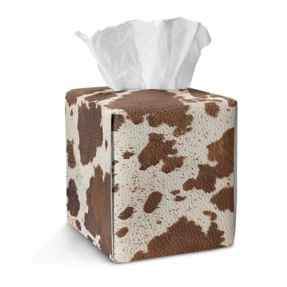 COEQINE Cube Tissue Box Cover PU Leather Square Facial Tissue Case Holder with Snap Buttons for Vanity Countertop, Night Stands, Dinner Table, Office Desk, Brown Cow Print
