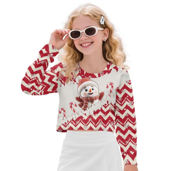 COEQINE Cute Crop Sweatshirt for Girls, Long Sleeve Crewneck Pullover Outfit Lightweight Sweatshirt Tops, Fall Winter Kids Fashion Age 11-12, Cute Snowman Red