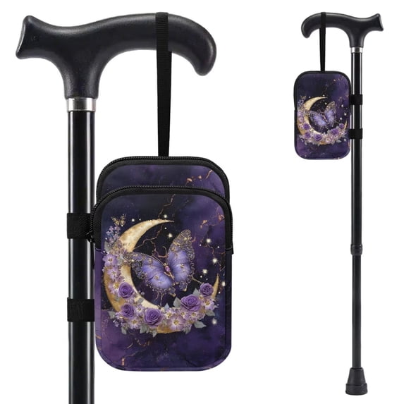COEQINE Cute Crutch Bag Mobility Aid Bag Purple Butterfly Moon Marble Forearm Crutch Bag Pouch, Walking Stick Accessories, Lightweight, for Elbow Crutches, for Men Women