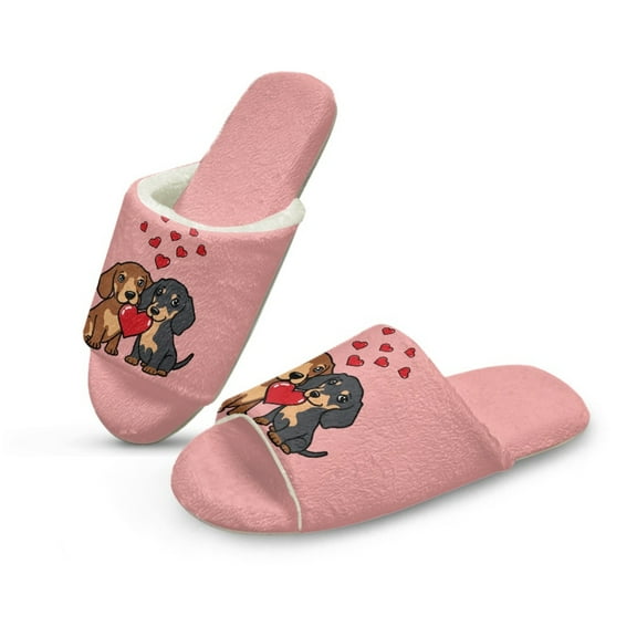 COEQINE Cute Dachshund Pink Slip On Slippers for Women Indoor, Winter Slippers Foldable Spa Slides Flannel House Shoes Open Toe Bedroom Shoes Machine Washable for Business Trip, 40-41