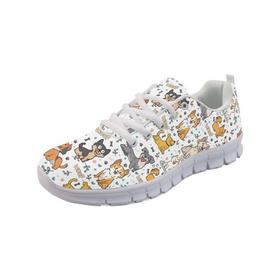 COEQINE Cute Dog Woof Women Running Shoes Lace-up White Sole Puppy Pattern Girls Sneakers Hiking Camping Soft Training Athletic Footwear Tennis Shoes