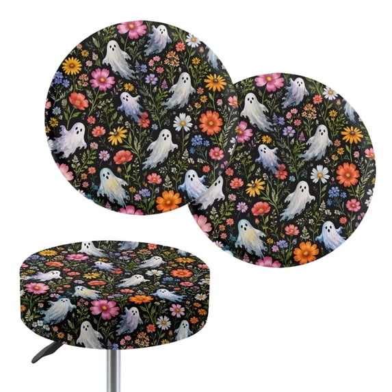 COEQINE Cute Ghost Colorful Floral Round Stool Covers Washable Stretch Bar Stool Seat Cover 14"-16" Dustproof Stool Seat Slipcover for Halloween Decor, 2 Count