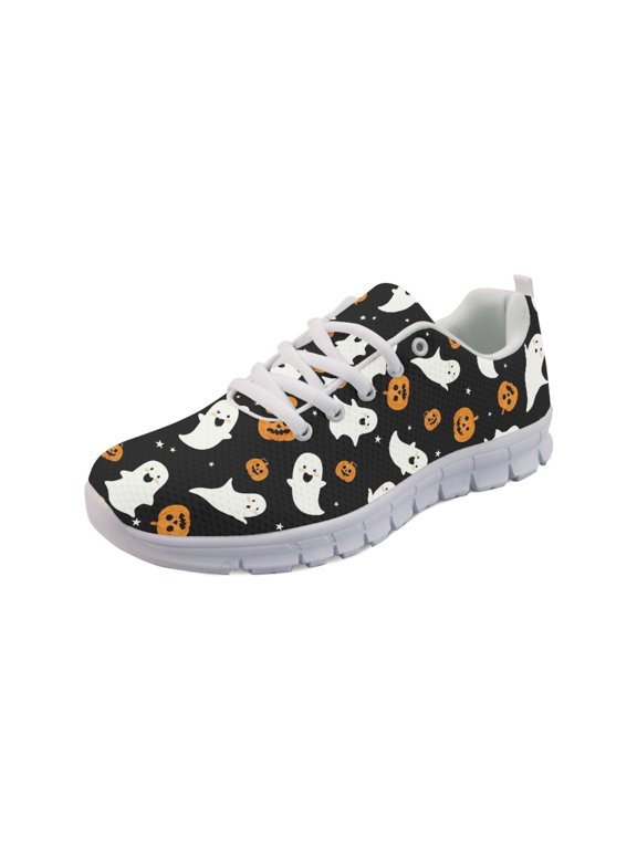 Cute Ghost Pumpkin Girls Sneakers White Sole Mesh Breathable Lace Up Halloween Women Running Shoes for Travel Outdoor Training Athletic Sport