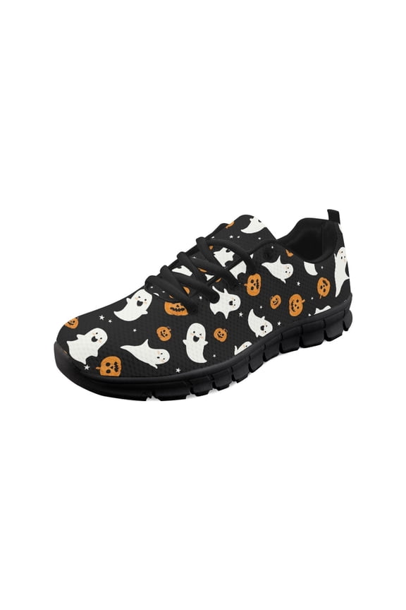 Cute Ghost Pumpkin Mesh Breathable Girls Black Sole Sneakers Halloween Lace Up Women Running Shoes for Travel Outdoor Training Athletic Sport Shoes