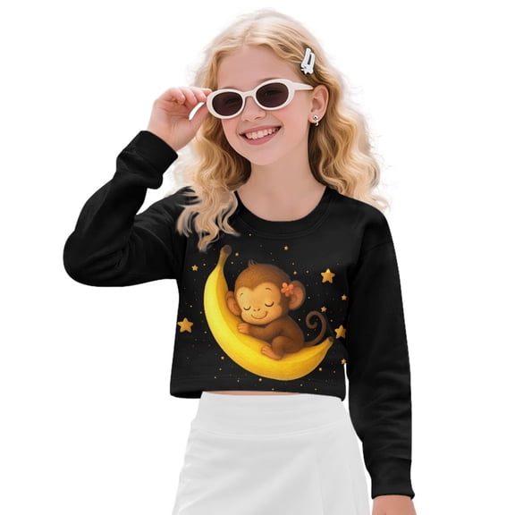 COEQINE Cute Girls Crop Top Sweatshirt, Long Sleeve Crewneck Fall Winter Pullover Tops, Casual Streetwear for Teen Girls Kids Age 13-14, Monkey Banana Star