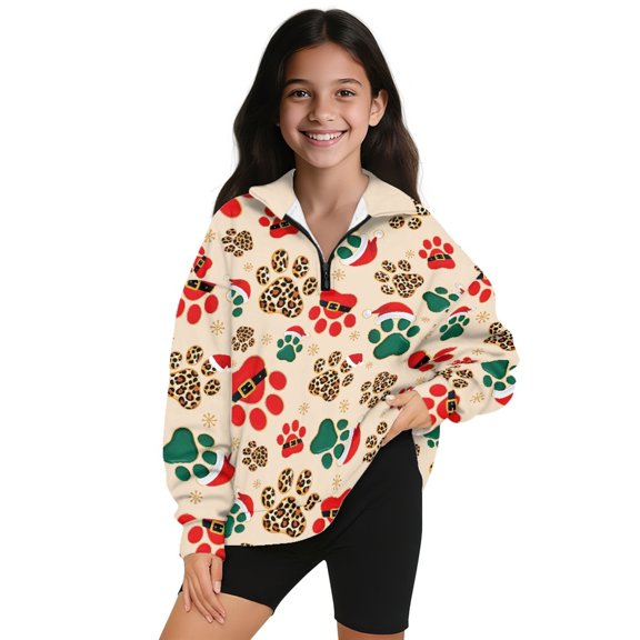 COEQINE Cute Quarter Zip Pullover for Girls with Collar, Long Sleeve Loose Fit Sweatshirt, Soft Printed Top for School, Playdate, and Casual Wear, Ages 11-12, Christmas Hat Paw Leopard Print