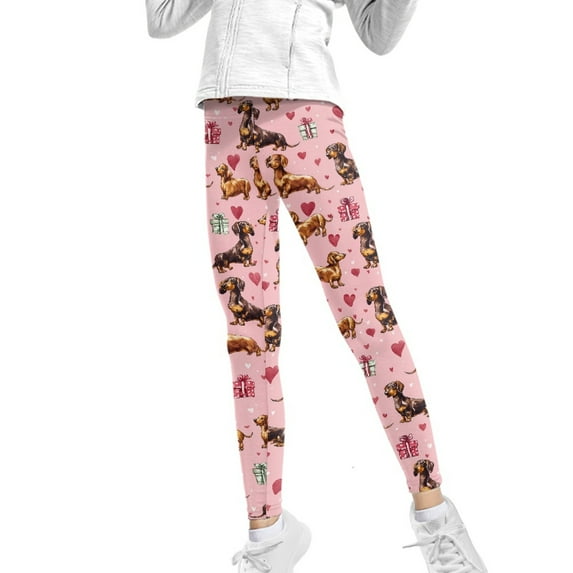 COEQINE Dachshund Heart Pink Girls Yoga Leggings Valentines Day Yoga Pants Full Length Athletic Trousers High Waist Tummy Control, for 12-13 Years Kids