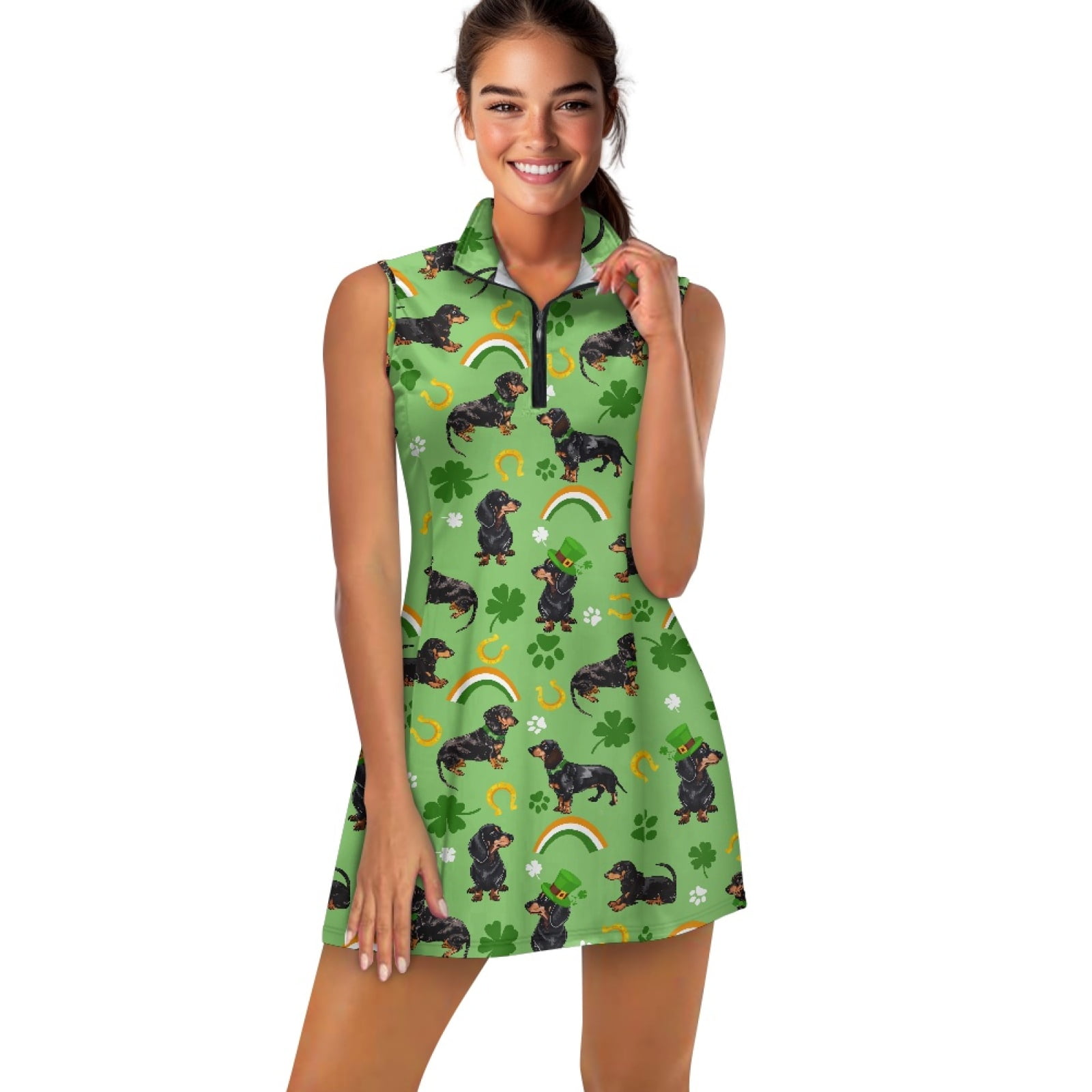 COEQINE Dachshund Shamrock Paw Print Horseshoe Pattern Women's Golf Dress for St. Patrick's Day Sleeveless Stand Collar Athletic Dresses with Built in Shorts and Pockets, XL