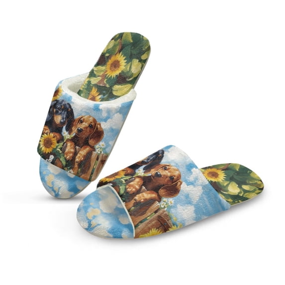COEQINE Dachshund Sunflower Womens Fuzzy Slippers House Shoes Open Toe Indoor Slippers Soft Lightweight Quiet Fluffy Slides Machine Washable Footwear for Ladies Her Mom, 46-47