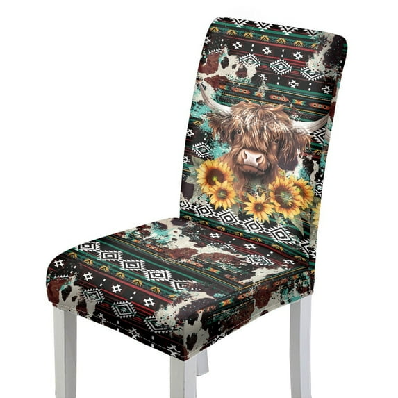 COEQINE Dining Chair Slipcovers Set of 6, Machine Washable Stretchable Chair Covers for Dining Chairs, Universal Fit Polyester Spandex for Scratch Protection, American Tribal Highland Cow Sunflower