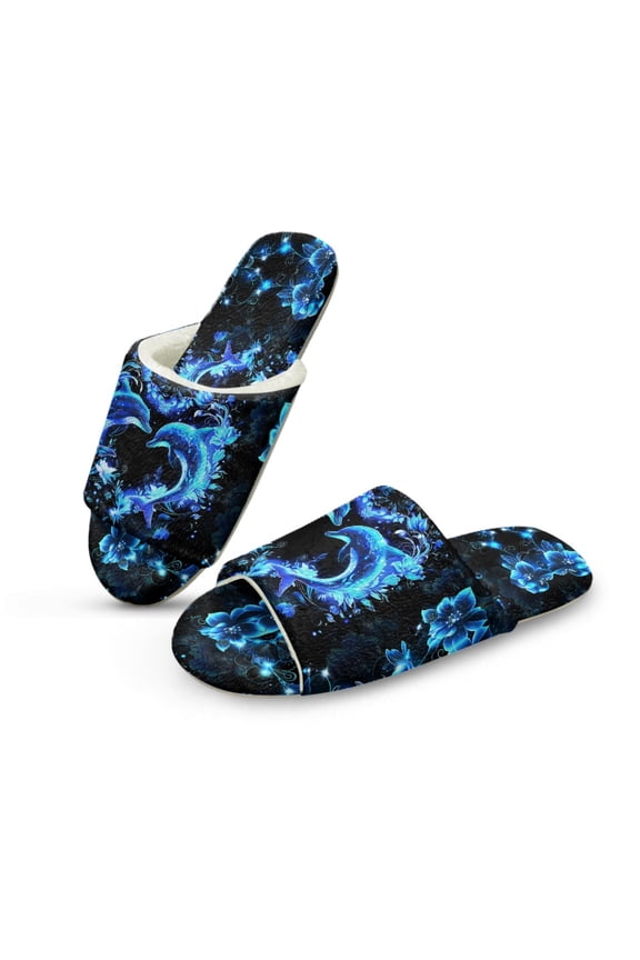 Dolphin Flower Blue Warm Slippers for Women, Lightweight Fuzzy Slides Warm House Sandals Portable Bedroom Shoes Open Toe Slip On Slippers for Her Mom Ladies Guest, 40-41