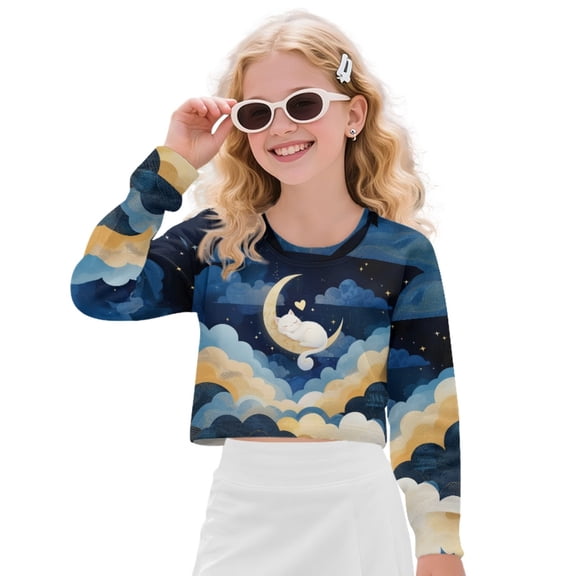 COEQINE Dropped Shoulder Girls Crop Top, Long Sleeve Oversized Sweatshirt, Soft Crewneck Fall Pullover for Kids Casual Wear Age 11-12, Cat Moon Blue