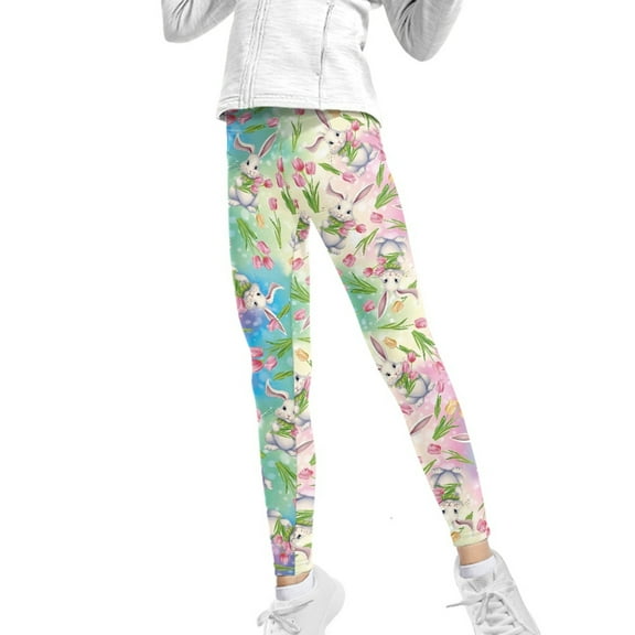 COEQINE Easter Rabbit Tulip Pink Blue Girls Yoga Leggings Pants Full Length Athletic Trousers High Waist Tummy Control for 10-11 Years Kids Girls
