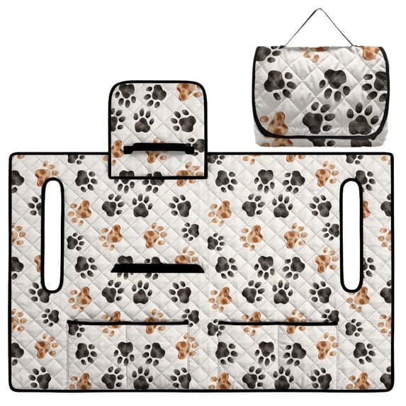 COEQINE Easy-Carry Golf Cart Seat Cover, Foldable Design with Handle for Storage, Universal Size Quilted Polyester, 4 Front Pockets, Machine Washable, Black Brown Paw Print