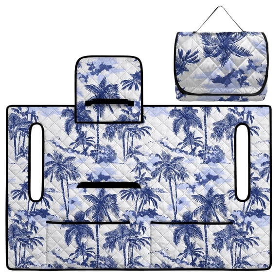 COEQINE Easy-Carry Golf Cart Seat Cover, Foldable Design with Handle for Storage, Universal Size Quilted Polyester, 4 Front Pockets, Machine Washable, Blue Hawaii Palm Tree