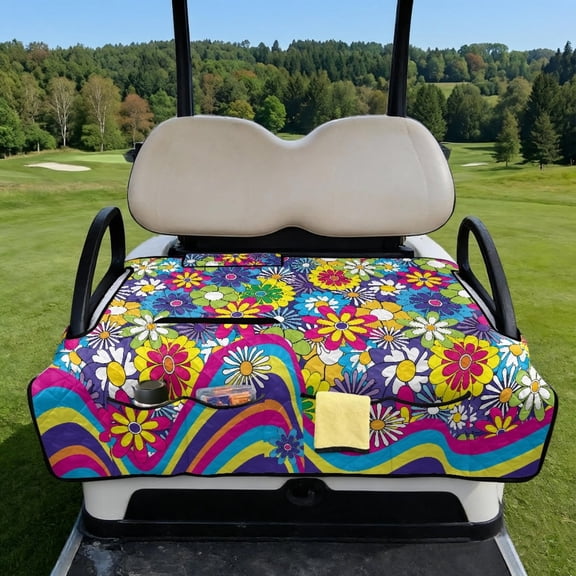 COEQINE Easy-Carry Golf Cart Seat Cover, Foldable Design with Handle for Storage, Universal Size Quilted Polyester, 4 Front Pockets, Machine Washable, Blue Pink Hippie Flower