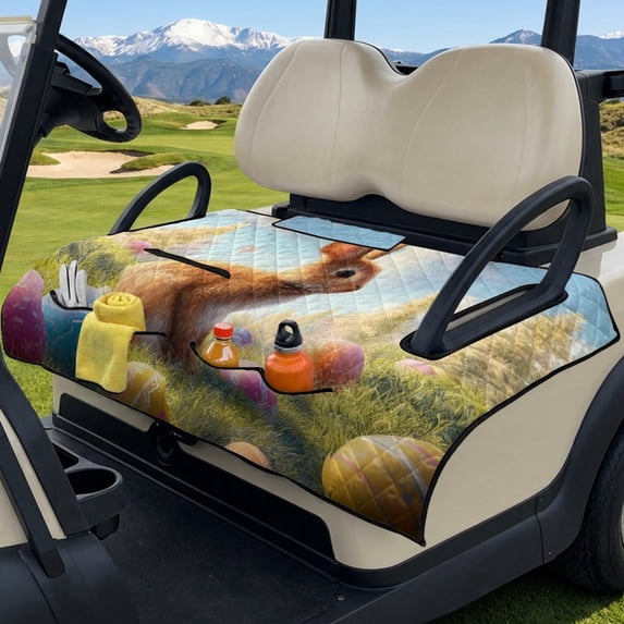 COEQINE Easy-Carry Golf Cart Seat Cover, Foldable Design with Handle for Storage, Universal Size Quilted Polyester, 4 Front Pockets, Machine Washable, Easter Rabbit Egg Lawn