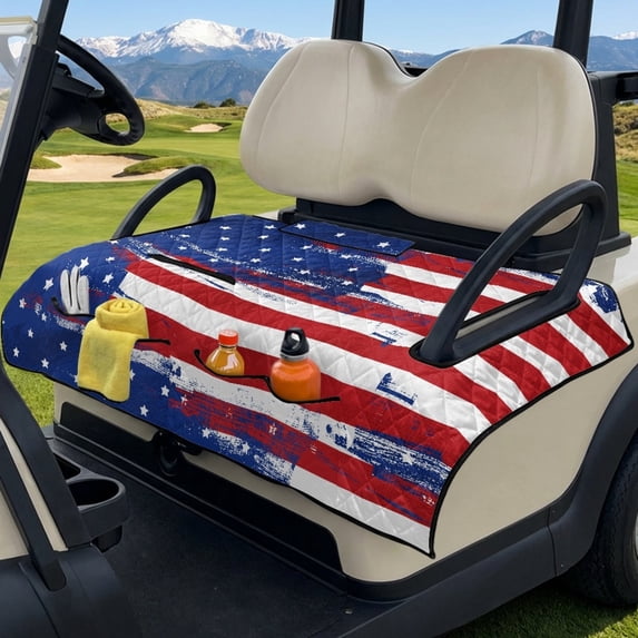 COEQINE Easy-Carry Golf Cart Seat Cover, Foldable Design with Handle for Storage, Universal Size Quilted Polyester, 4 Front Pockets, Machine Washable, Fashion American Flag