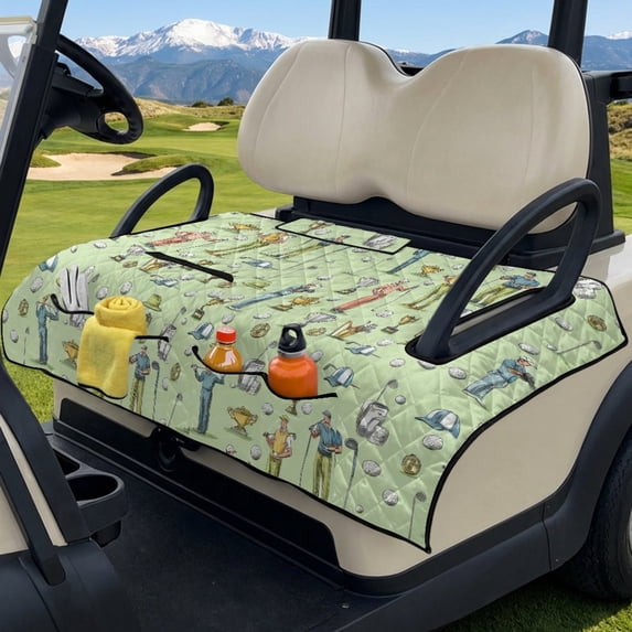COEQINE Easy-Carry Golf Cart Seat Cover, Foldable Design with Handle for Storage, Universal Size Quilted Polyester, 4 Front Pockets, Machine Washable, Green Golf Pattern