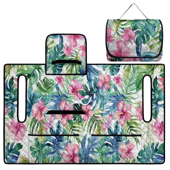 COEQINE Easy-Carry Golf Cart Seat Cover, Foldable Design with Handle for Storage, Universal Size Quilted Polyester, 4 Front Pockets, Machine Washable, Pink Hibiscus Monstera Leaf