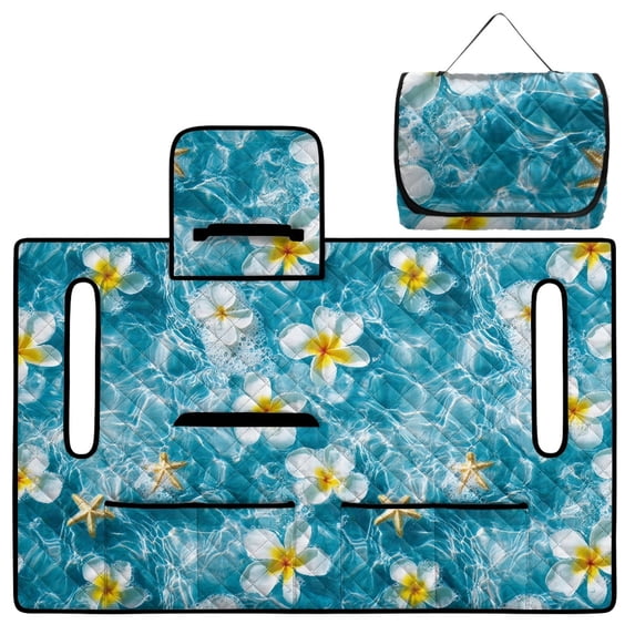 COEQINE Easy-Carry Golf Cart Seat Cover, Foldable Design with Handle for Storage, Universal Size Quilted Polyester, 4 Front Pockets, Machine Washable, Plumeria Starfish Ocean