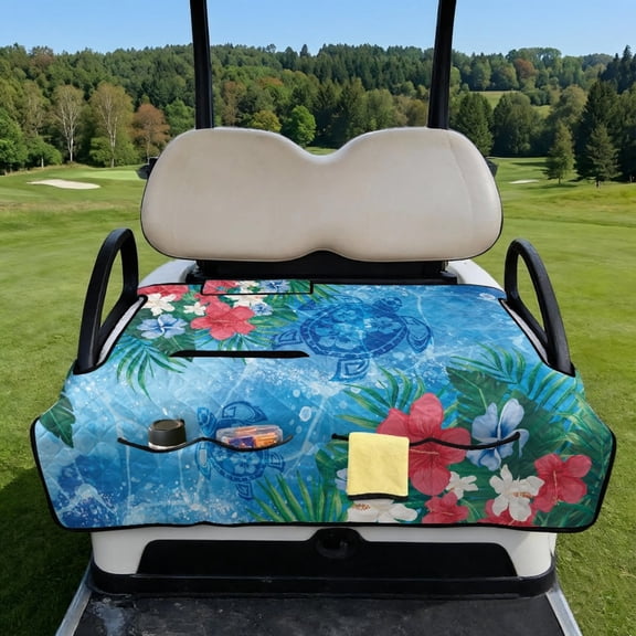 COEQINE Easy-Carry Golf Cart Seat Cover, Foldable Design with Handle for Storage, Universal Size Quilted Polyester, 4 Front Pockets, Machine Washable, Sea Turtle Hibiscus Blue