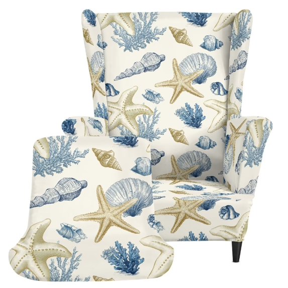 COEQINE Elastic Wingback Chair Cover Retro Starfish Conch Coral 2-Piece Wing Chair Slipcover, Separate Cushion Cover, Non-Slip Easy On & Off, for Living Room Hotel Home Decor