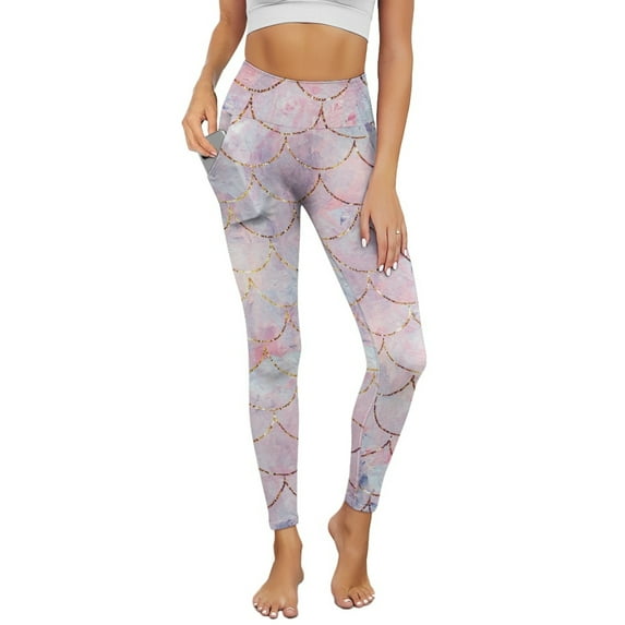 COEQINE Elastic Yoga Pants for Women with Pockets High Waisted Buttery Soft Tummy Control Athletic Leggings No See Through Hip Lift Casual Tights, Light Pink Mermaid Scales, XS