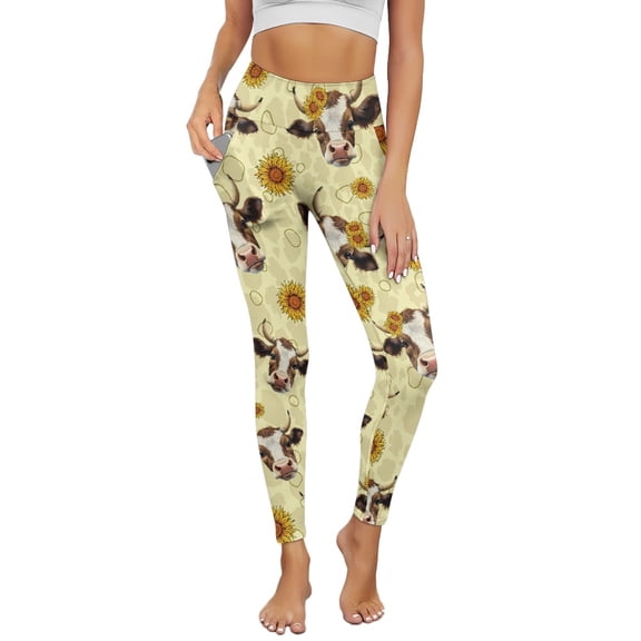 COEQINE Elastic Yoga Pants for Women with Pockets Tummy Control High Waisted Casual Athletic Leggings No See Through Hip Lift Comfortable Tights, Cow Sunflower Yellow Cow Spot, 2XL