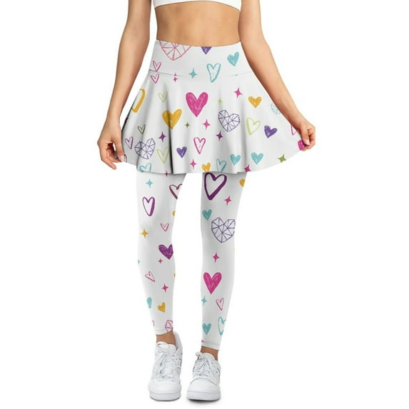 COEQINE Elastic Yoga Skirted Legging for Women with Pockets Colored Hearts and Stars Print Ruffle Pleated Tennis Skirts with Leggings Comfy Breathable Golf Pickleball Leggings, L