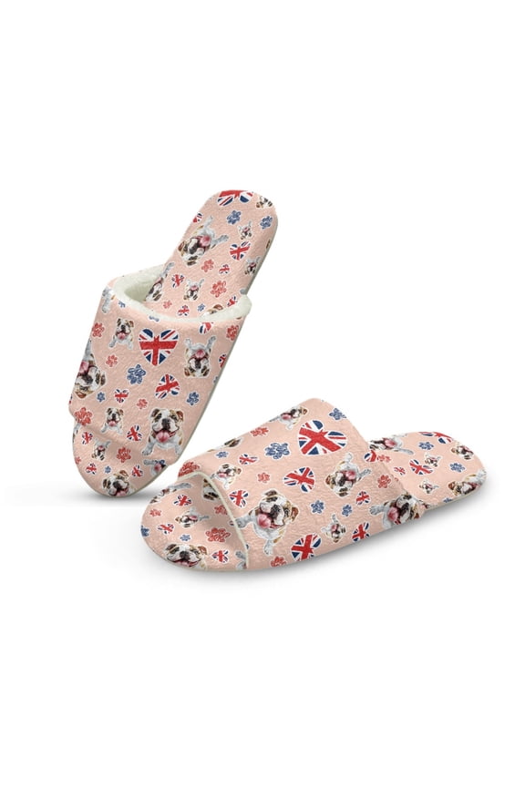 English Bulldog Warm Slippers for Women, Lightweight Union Jack Print Fuzzy Slides Warm House Sandals Portable Bedroom Shoes Open Toe Slip On Slippers for Her Mom Ladies, 42-43