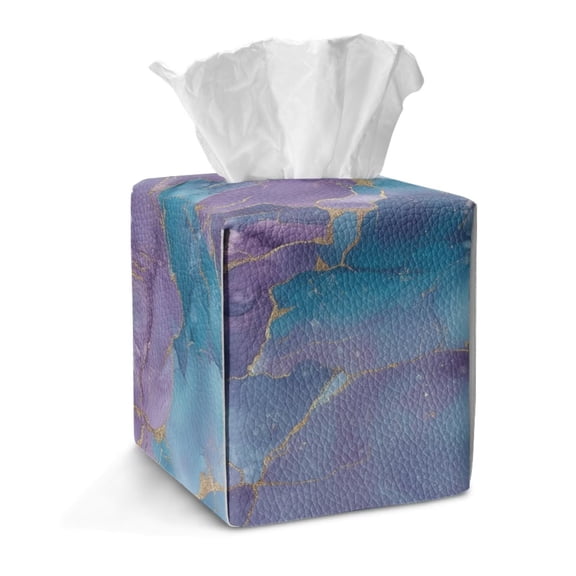 COEQINE Facial Tissue Box Cover PU Leather Easy Refill Paper Tissue Cube Box Organizer Snap Closure Ideal for Office, RV, Outdoor Tent, Bedroom, Kitchen, Purple Blue Marble