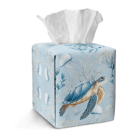COEQINE Facial Tissue Box Cover PU Leather Easy Refill Paper Tissue Cube Box Organizer Snap Closure Ideal for Office, RV, Outdoor Tent, Bedroom, Kitchen, Sea Turtle Jellyfish Blue