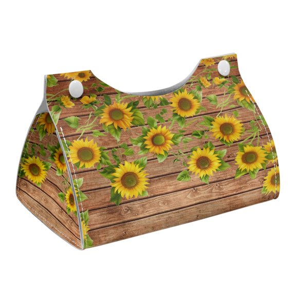 COEQINE Facial Tissue Box Cover PU Leather Rectangle Napkin Facial Tissues Holder Dispenser Organizer for Living Room, Kitchen, Bathroom, Car, 7.95"X4.92"X4.52", Sunflower Wood Grain