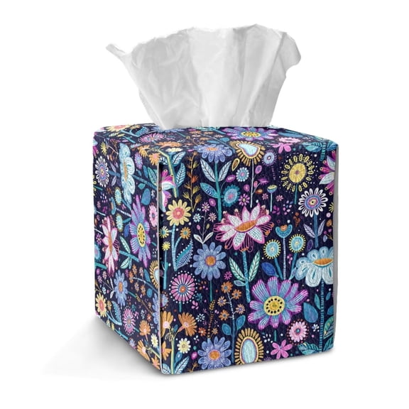 COEQINE Facial Tissue Box Cover PU Leather Square Tissue Holder Organizer Snap Closure for Easy Refill Storage for Parlors Kitchen Bathroom Car RV Decor, Blue Lotus Hippe Flower