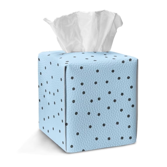 COEQINE Facial Tissue Box Cover PU Leather Square Tissue Holder Organizer Snap Closure for Easy Refill Storage for Parlors Kitchen Bathroom Car RV Decor, Polka Dots Light Blue