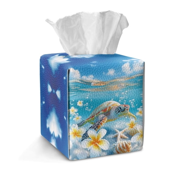 COEQINE Facial Tissue Box Cover PU Leather Square Tissue Holder Organizer Snap Closure for Easy Refill Storage for Parlors Kitchen Bathroom Car RV Decor, Sea Turtle Plumeria
