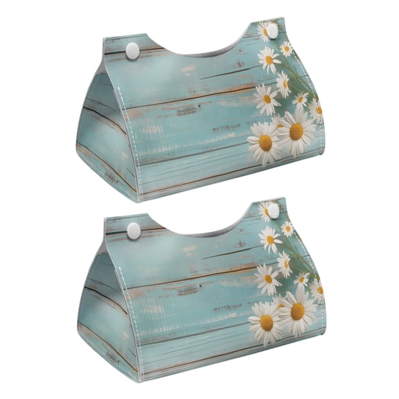 COEQINE Facial Tissue Box Cover PU Leather Tissue Case Dispenser Stylish Rectangle Tissue Case Dispenser Organizer for Kitchen, Office, Car, Outdoor Tent, Hotel, Daisy Blue Wood Grain, 2 PCS