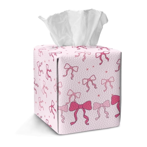 COEQINE Facial Tissue Box Dispenser PU Leather Square Table Dryer Sheet Organizer for Bedroom Dresser, Tabletop, Nightstand, Dining Table, Outdoor Tent, Pink Bow Ribbon