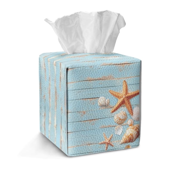 COEQINE Facial Tissue Box Dispenser PU Leather Square Table Dryer Sheet Organizer for Bedroom Dresser, Tabletop, Nightstand, Dining Table, Outdoor Tent, Starfish Blue Wood Grain