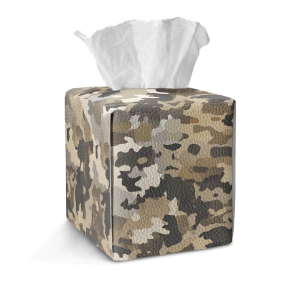 COEQINE Facial Tissue Box Holder PU Leather Creative Cube Tissue Holder Organizer Space Saving for Living Room, Kitchen, Office, Car, RV, Outdoor Tent, Brown Camouflage Camo