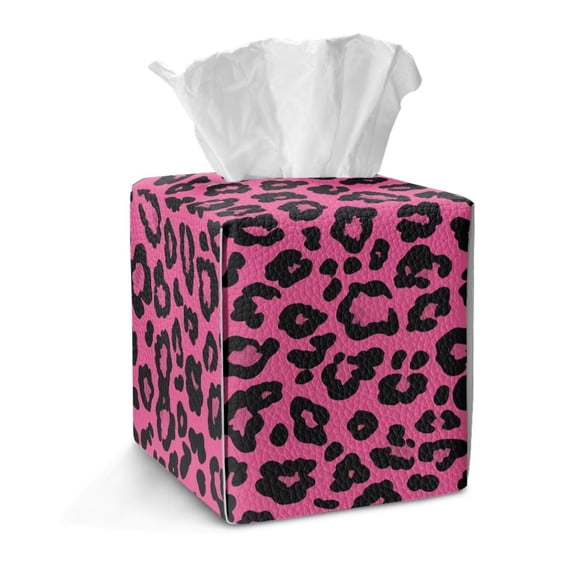 COEQINE Facial Tissue Box Holder PU Leather Creative Cube Tissue Holder Organizer Space Saving for Living Room, Kitchen, Office, Car, RV, Outdoor Tent, Pink Leopard Print
