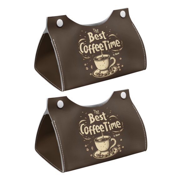 COEQINE Facial Tissue Cover PU Leather Tissue Paper Dispenser Rectangle Tissue Case Dispenser Organizer for Home Kitchen, Office, Car, Outdoor Tent, Hotel, The Best Coffee Time is Now, 2 PCS