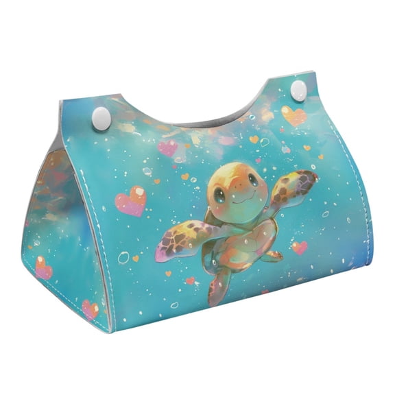 COEQINE Facial Tissue Cover PU Leather Tissue Paper Dispenser Rectangle Tissue Case Dispenser Organizer for Home Kitchen, Office, Car, Outdoor Tent, Hotel, Cute Sea Turtle Love